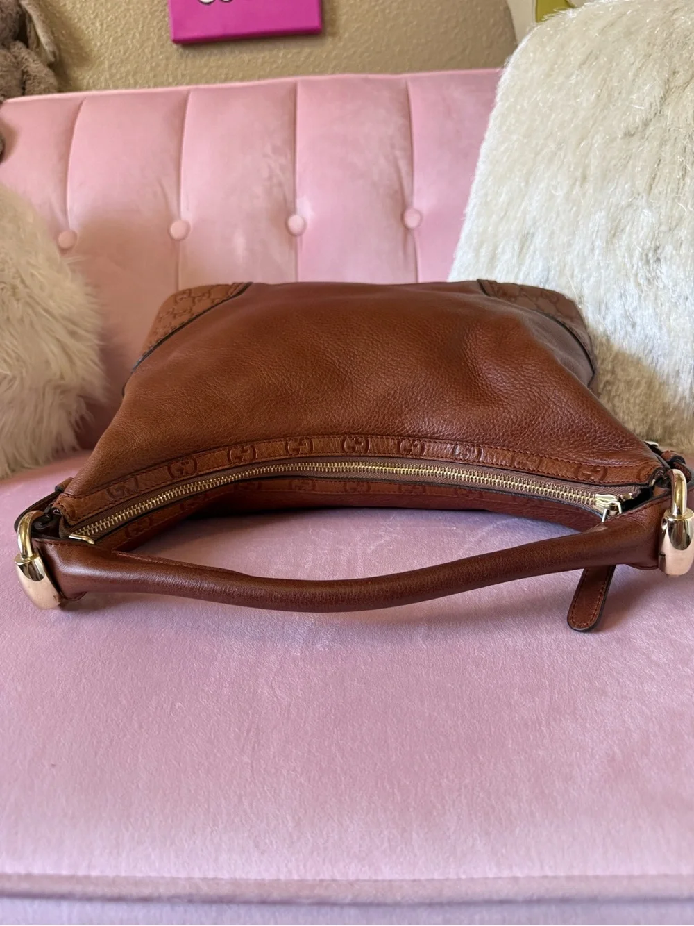 💯Auth! GUCCI Guccisimo Signoria Brown Leather Hobo Shoulder Bag w Gold Hardware - Picture 9 of 16